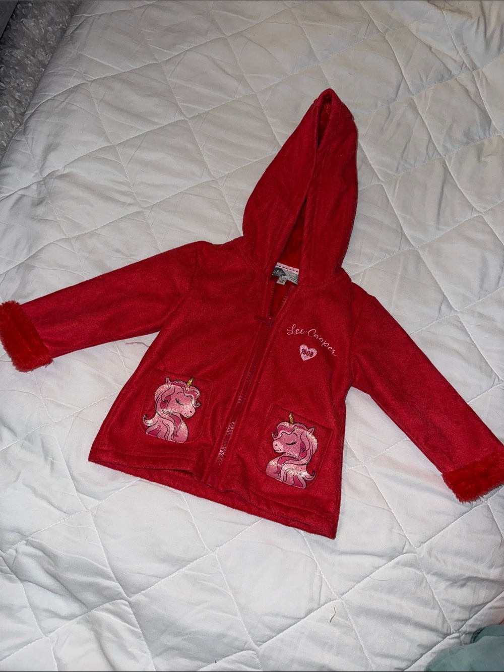 12m Lee Cooper Red Girls' Unicorn Hooded Jacket fleece lining
